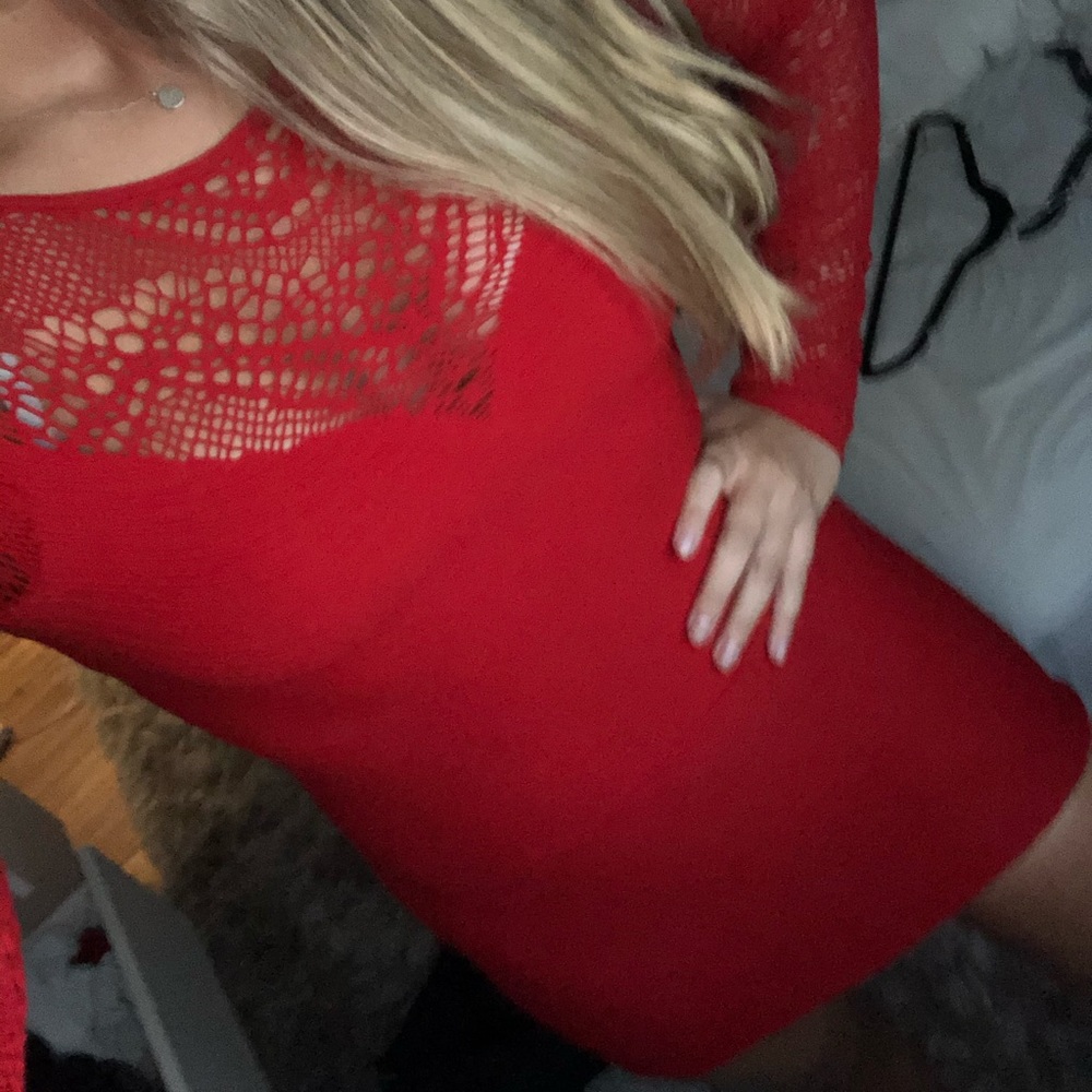 Bebe Red Long Sleeve Bodycon With mesh